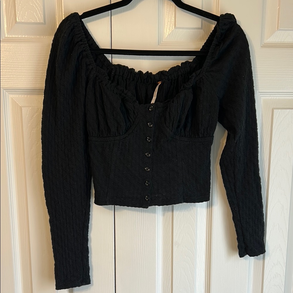 Free People Black Long Sleeve Button Front Crop Top